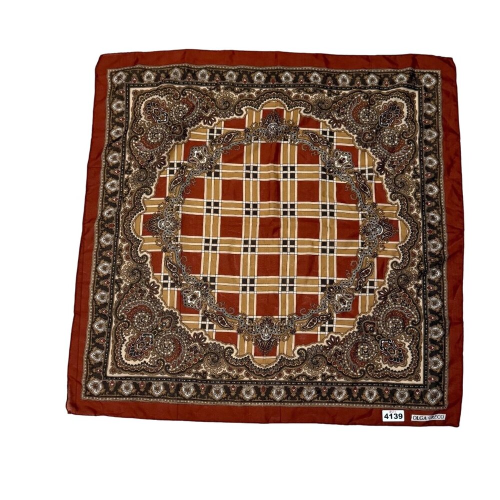 Vintage Olga Greco Womens Square Scarf One Size Brown Tan Plaid Paisley Floral